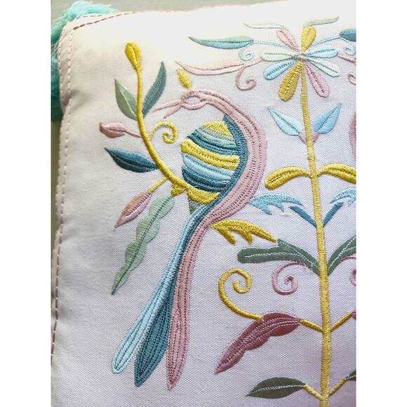 THROW PILLOW-COASTAL HOME-Embroidery-Birds-Folk Design-Tassles-Large-17" x 17" - Picture 2 of 14